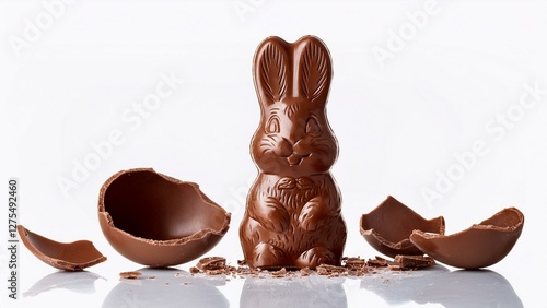 Eaten chocolate Easter bunny with missing ears on white background  

