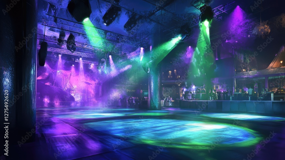 Vivid green, blue, and violet spotlights illuminating a nightclub dance floor, adding energy and excitement to the night scene Vivid green, blue, and violet spotlights illuminating a nightclub dance floor, adding energy and excitement to the night scene