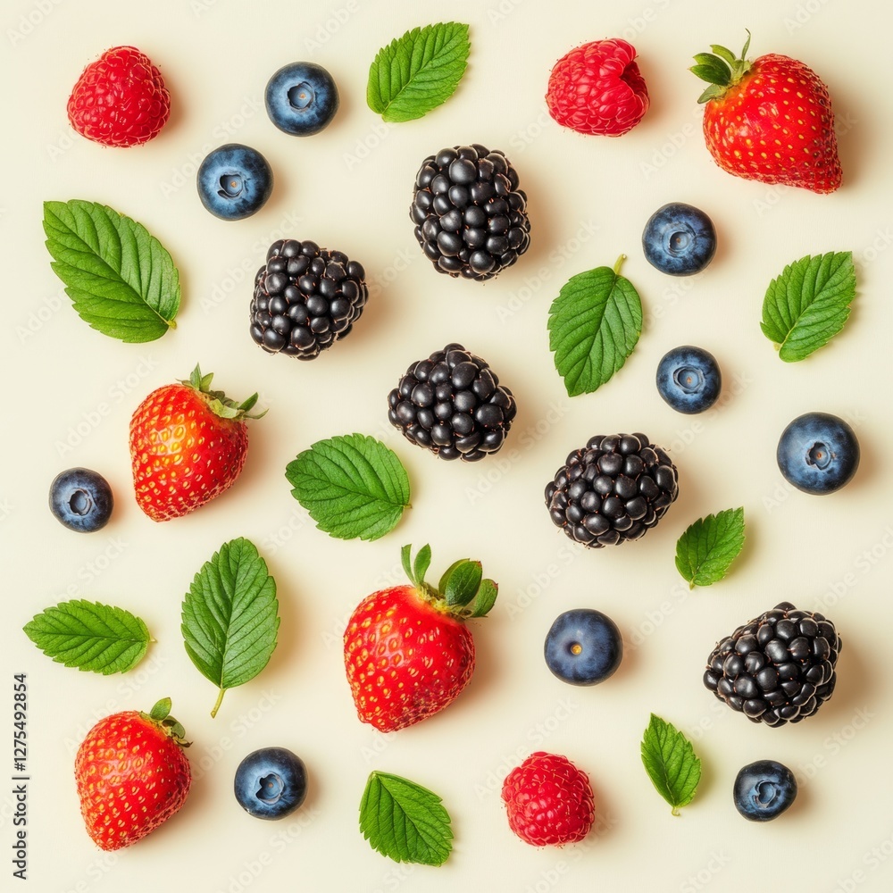 Elegant Fresh Strawberry and Blueberry Composition on Light Background Elegant Fresh Strawberry and Blueberry Composition on Light Background