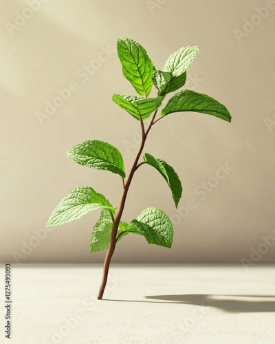 Fresh Mint Sprig on Clean Surface in 3D Rendered Style