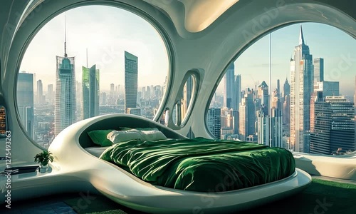 Futuristic Cityscape Bedroom: A Dreamy Apartment with Panoramic Views