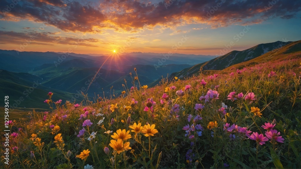 Fototapeta premium A vibrant meadow with colorful wildflowers on a hillside offers a breathtaking mountain sunset vista.