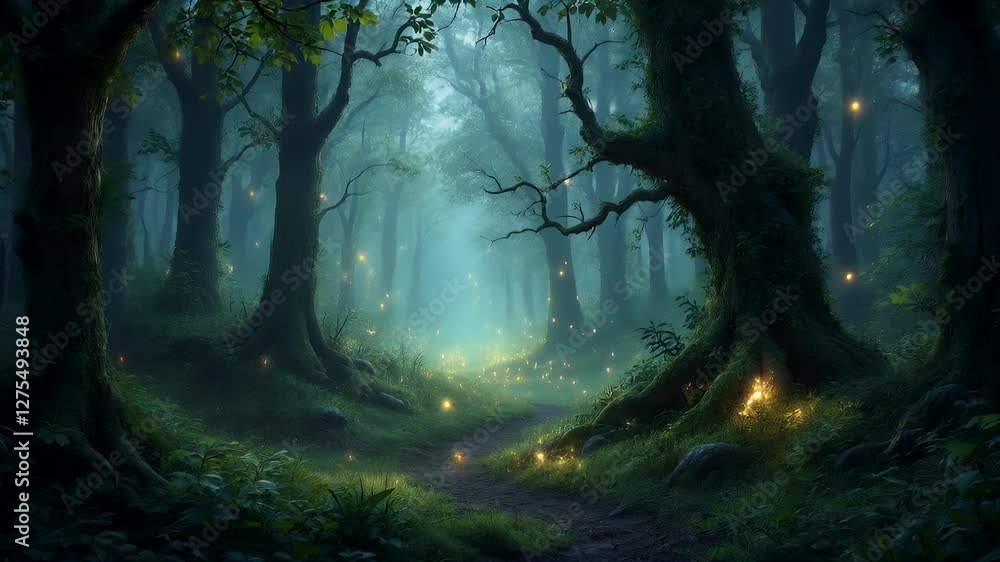 A mystical forest scene illuminated by glowing fireflies amidst lush greenery. A mystical forest scene illuminated by glowing fireflies amidst lush greenery.