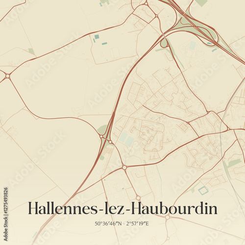 Vintage map of Hallennes-lez-Haubourdin, France.