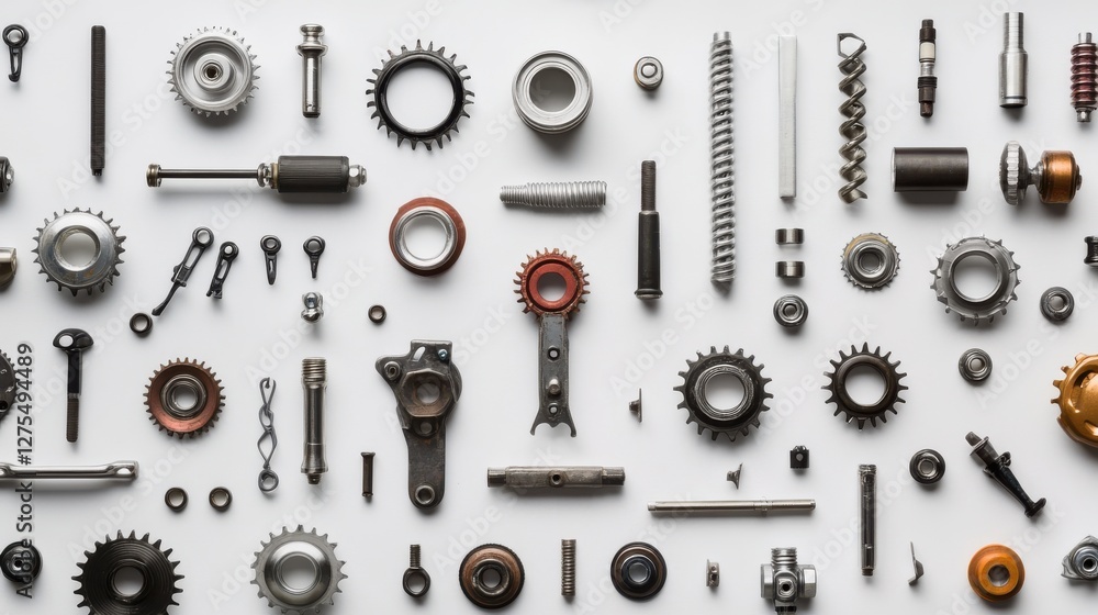 Assorted Mechanical Components and Fasteners on White Surface Assorted Mechanical Components and Fasteners on White Surface