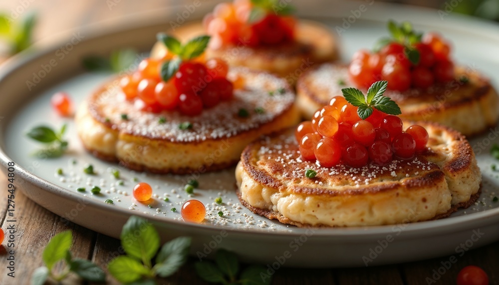 Elegant Pancakes with Luxurious Salmon Roe Gourmet Presentation Elegant Pancakes with Luxurious Salmon Roe Gourmet Presentation