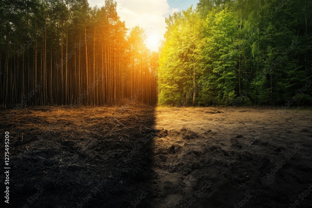 Transition of Nature: Contrast Between Sombre Land and Vibrant Forest Transition of Nature: Contrast Between Sombre Land and Vibrant Forest