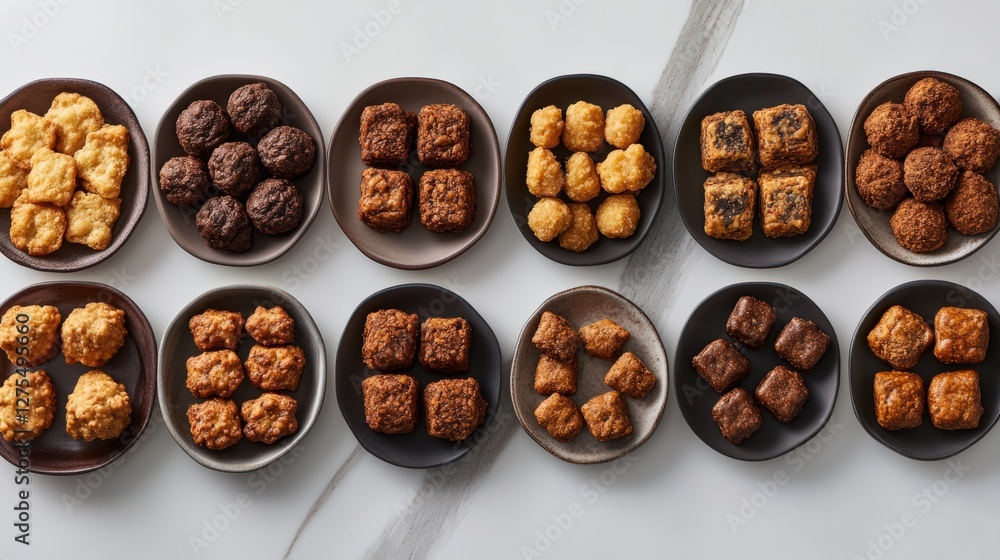 Obraz premium Assorted baked treats displayed on elegant plates, showcasing variety and texture in a modern setting