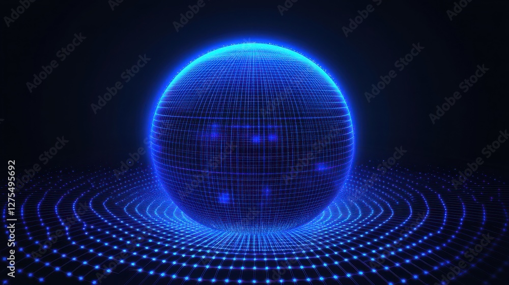 Fototapeta premium Blue Glowing Sphere with Grid Pattern on Dark Background