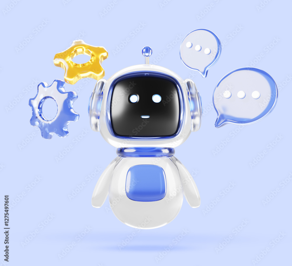 3d glass ai robot character with speech bubble and gear icon on blue render background. Chat bot mascot, cute chatbot virtual support assistant with artificial intelligence technology. 3D illustration