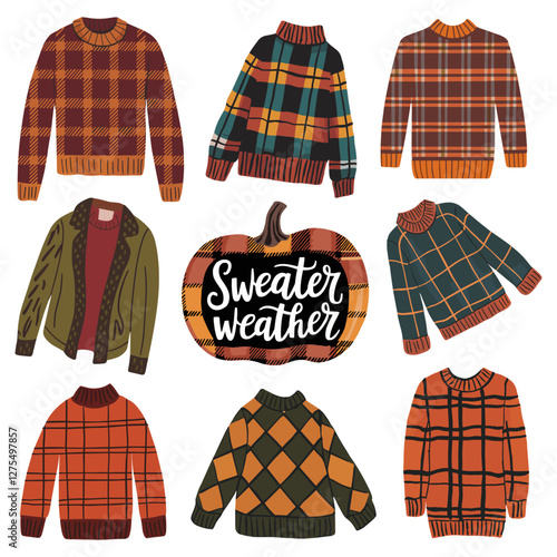 Vector plaid and checkered sweaters with a pumpkin on a chalkboard that says Sweater Weather