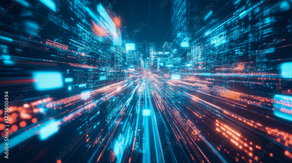 Digital realm: Quantum data streams through a futuristic metropolis, networking infrastructure Digital realm: Quantum data streams through a futuristic metropolis, networking infrastructure