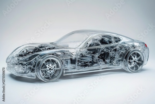 Transparent Automotive Engineering Model: Unveiling the Engine's Intricate Design. A detailed, see-through view of a car's front engine, showcasing its complex inner workings and mechanical components