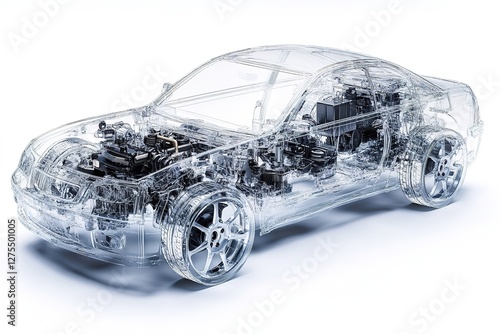 Transparent Automotive Engine: Exploded View of Car Mechanics, Detailed Internal Components, Showing Gears, Pistons, and Chassis in X-Ray Style. Perfect for Technical Manuals, Automotive Design,      