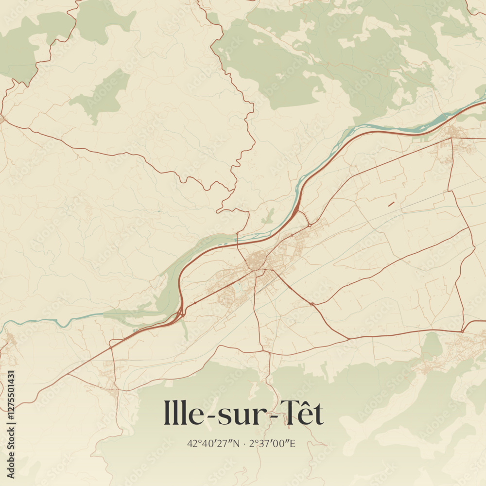 Fototapeta premium Vintage map of Ille-sur-Têt, France.