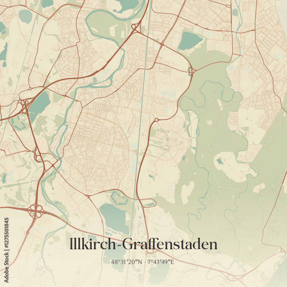 Fototapeta premium Vintage map of Illkirch-Graffenstaden, France.