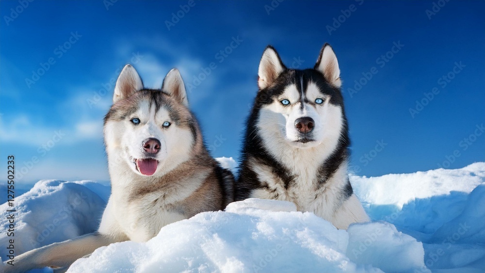 Two Siberian husky dogs sitting on a snowy landscape with a bright blue sky
Two Siberian husky dogs sitting on a snowy landscape with a bright blue sky