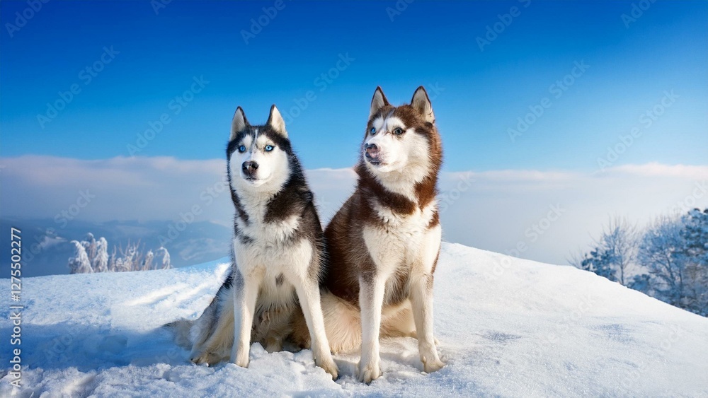Two Siberian husky dogs sitting on snow with blue sky background in winter
Two Siberian husky dogs sitting on snow with blue sky background in winter