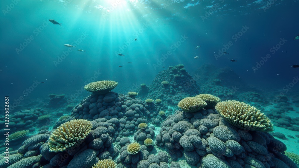 Obraz premium Colorful coral reef underwater with sunlight rays shining through the water 