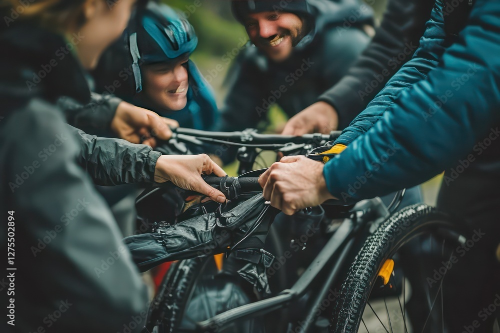 Close-up shot of hands unstrapping bikes from a vehicle, with friends laughing in the background, gearing up for a cycling journey. Close-up shot of hands unstrapping bikes from a vehicle, with friends laughing in the background, gearing up for a cycling journey.