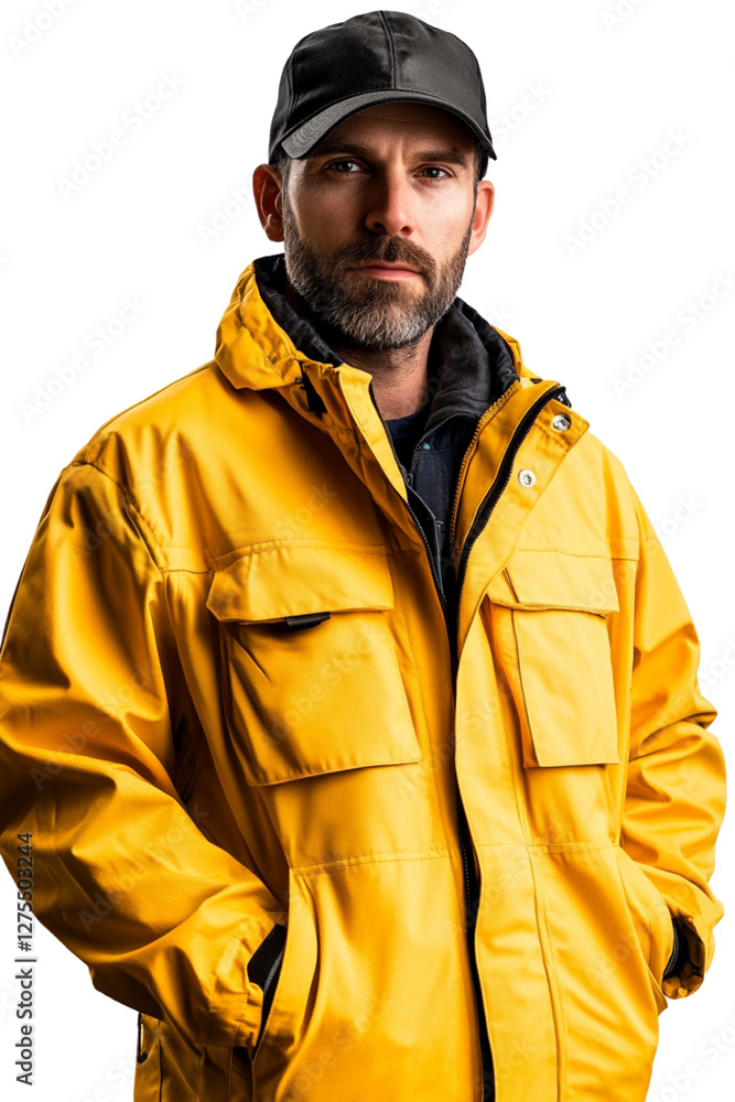 Fototapeta premium Portrait of a cheerful manufacturing worker wearing a safety hat, isolated on a transparent background. Ideal for industrial themes, workplace safety, or corporate projects. High-quality image showcas