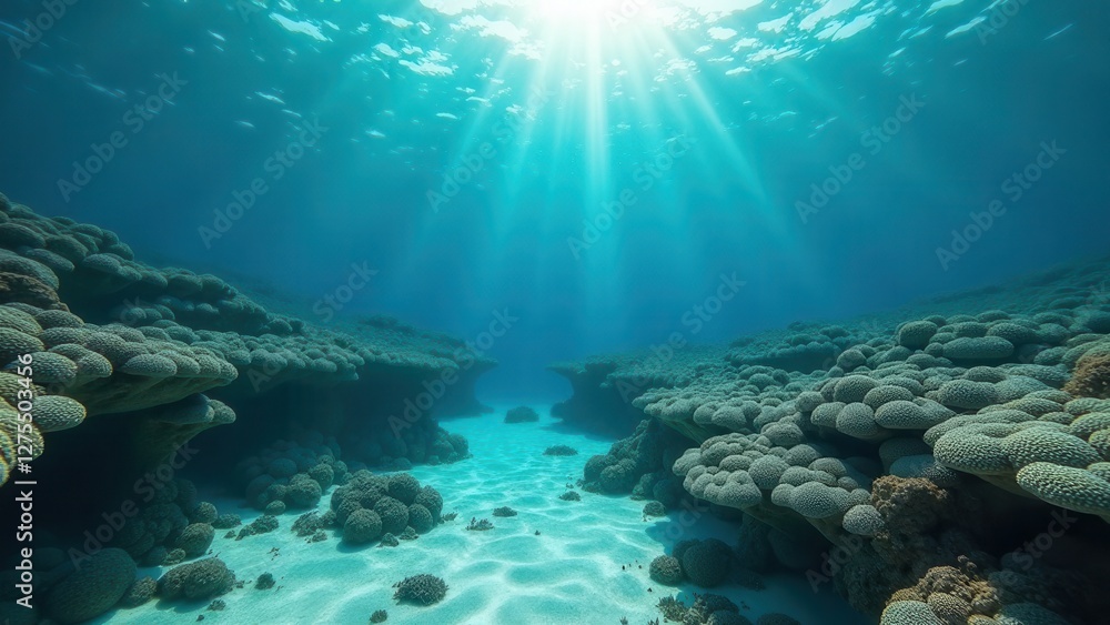 Fototapeta premium Sunlight illuminating underwater coral reef affected by coral bleaching 