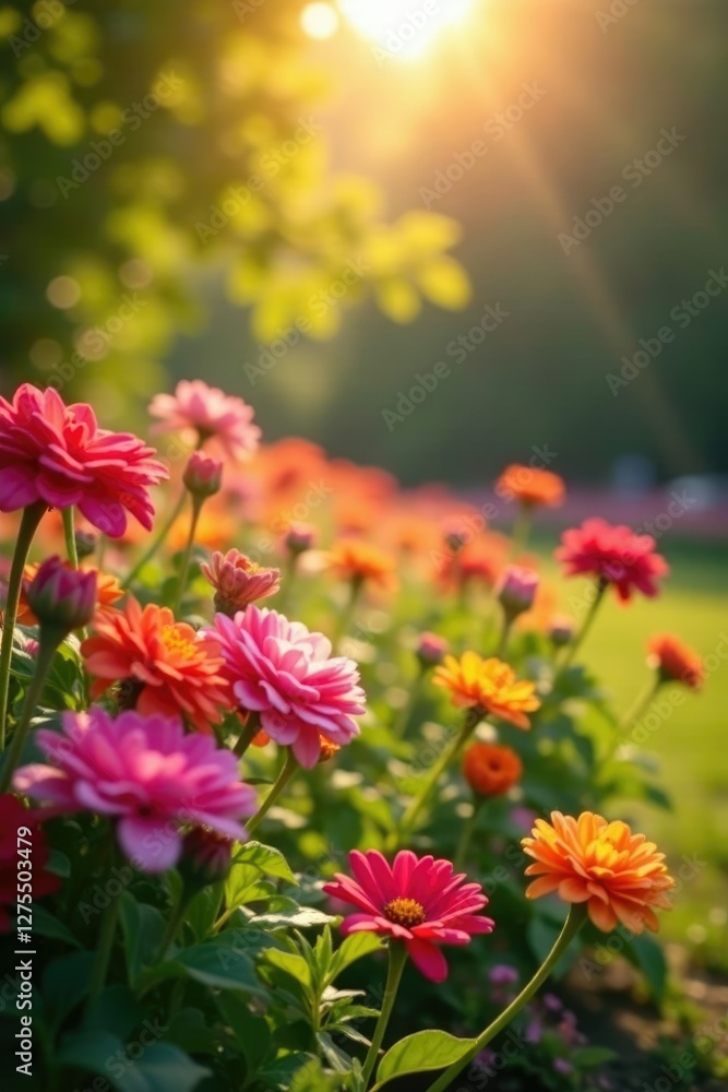 Abundant colorful flowers bloom in warm sunlight, garden scene, Abundant colorful flowers bloom in warm sunlight, garden scene,