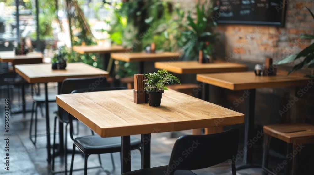 Cozy Modern Cafe Interior with Wooden Tables and Lush Greenery Cozy Modern Cafe Interior with Wooden Tables and Lush Greenery