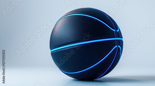 A close-up of a black basketball with glowing blue lines on a light surface, creating a modern and dynamic atmosphere