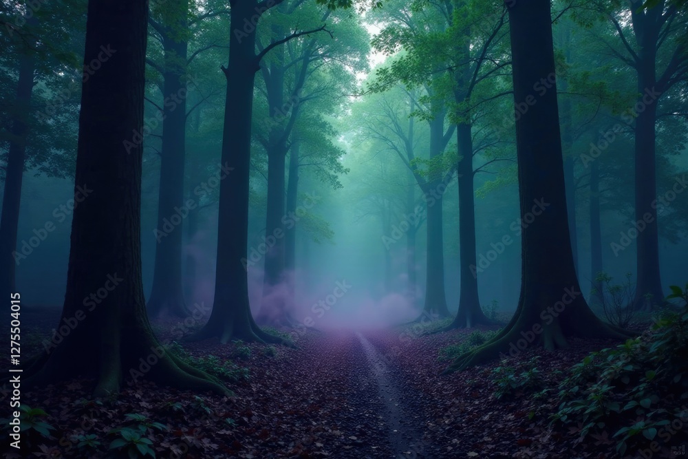 A dark forest shrouded in purple and green mist, dark woods, mysterious, misty A dark forest shrouded in purple and green mist, dark woods, mysterious, misty