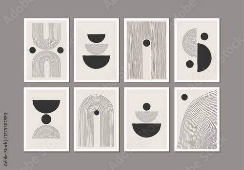 Trendy set of abstract creative minimal artistic hand sketched compositions