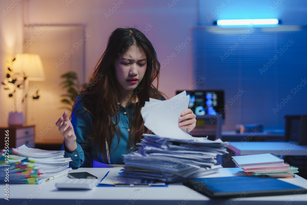 Fototapeta premium Young office worker looking at documents, sitting at desk with stacks of paperwork and computer, feeling tired and overwhelmed with workload, working late in dark office