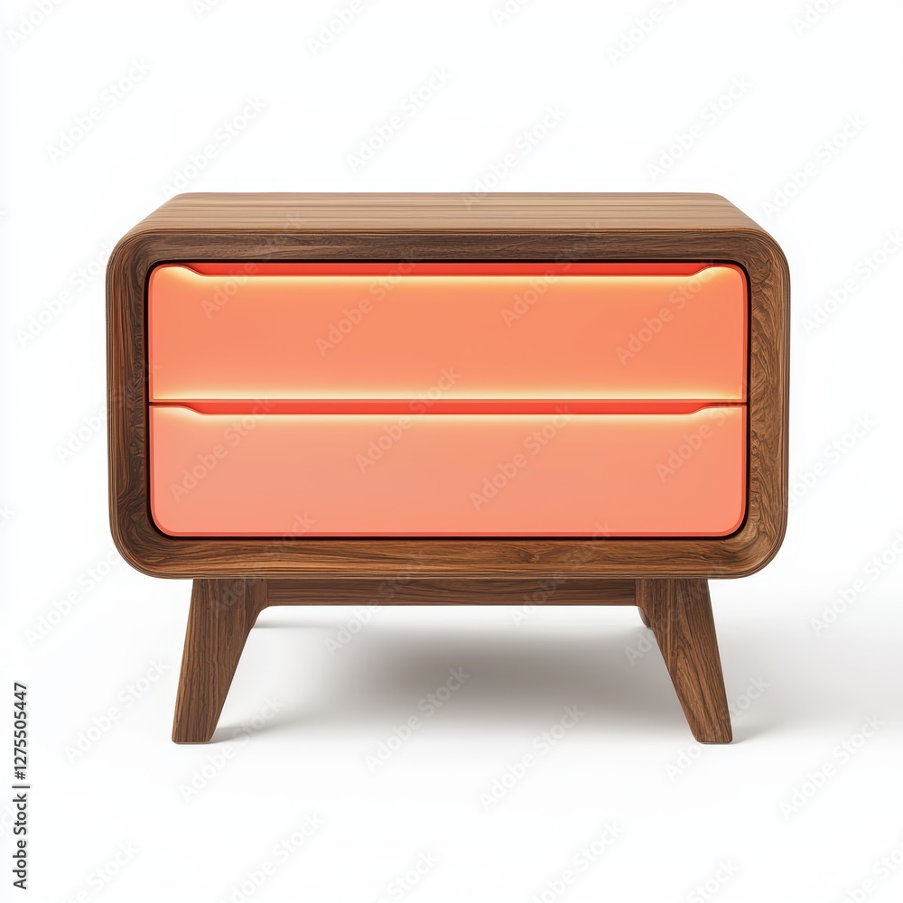 Fluorescent coral nightstand with soft-close drawers isolated on white Fluorescent coral nightstand with soft-close drawers isolated on white
