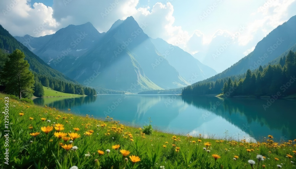 Fototapeta premium A misty mountain range veiled by a serene lake nestled within a lush meadow, , nature