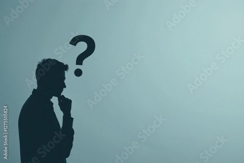 Wallpaper Mural Silhouette of a pensive young man contemplating a large question mark, symbolizing uncertainty and the search for answers in life's complexities. Torontodigital.ca