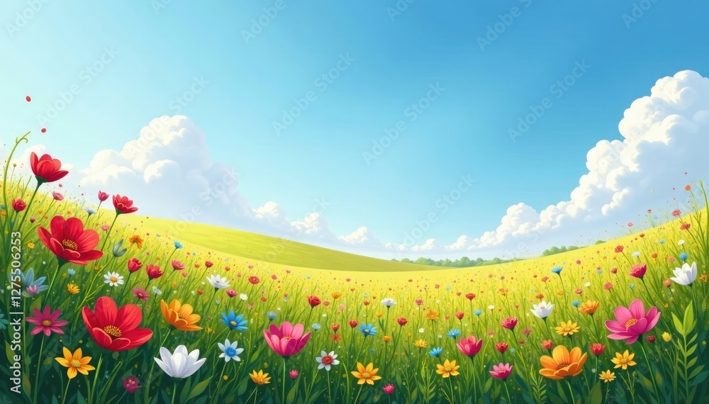 A patch of colorful flowers blooms in the sunlight, nature, landscape, fluffy clouds A patch of colorful flowers blooms in the sunlight, nature, landscape, fluffy clouds
