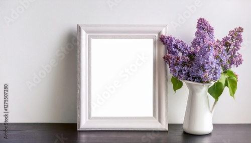 Timeless Elegance White Vintage Portrait Frame Accentuated by Summer Lilac Bouquet, Evoking a Charming and Serene Atmosphere in a Classic Setting.