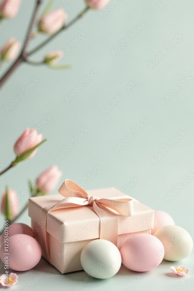 Pastel Gift Box with Delicate Spring Blossoms and Painted Eggs Pastel Gift Box with Delicate Spring Blossoms and Painted Eggs