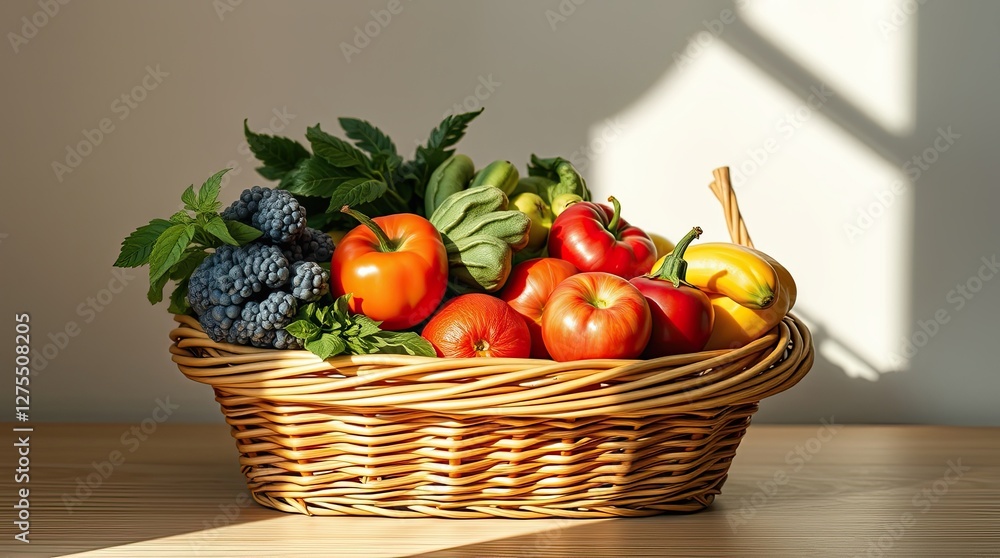 A vibrant basket filled with a variety of fresh fruits and vegetables, illuminated by warm sunlight, creating an appetizing atmosphere A vibrant basket filled with a variety of fresh fruits and vegetables, illuminated by warm sunlight, creating an appetizing atmosphere