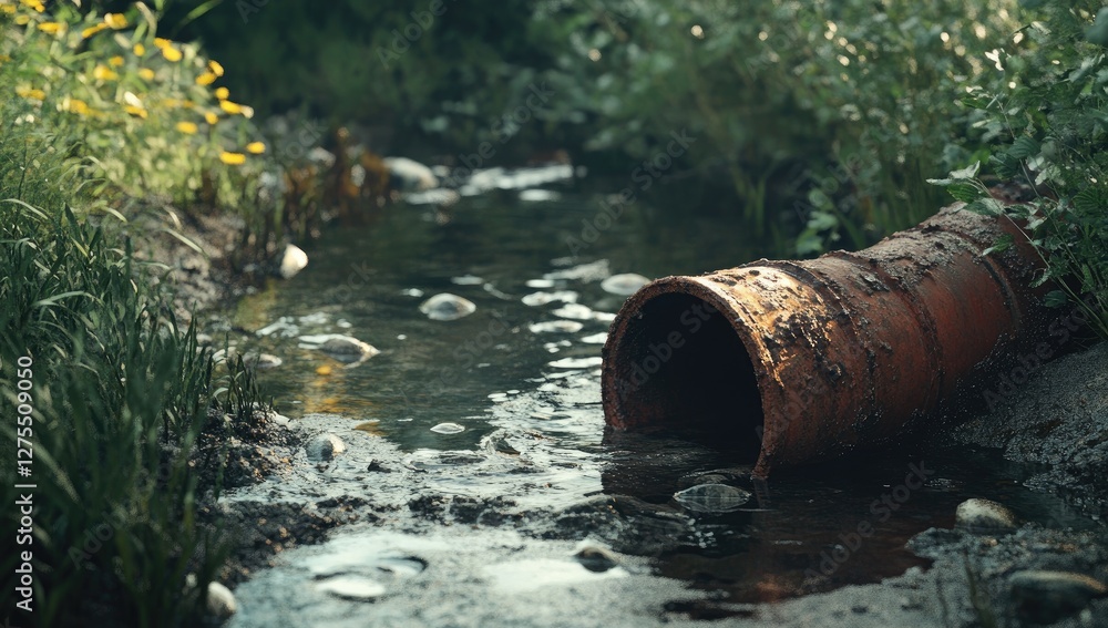 Rusty pipe in a small stream, wildflowers nearby Rusty pipe in a small stream, wildflowers nearby