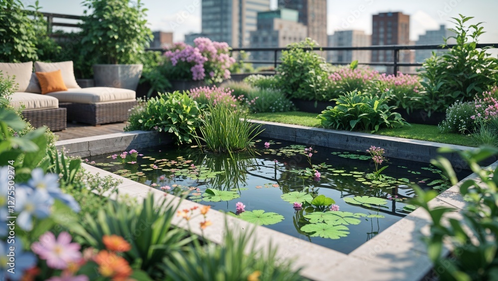Fototapeta premium Relaxation Area with Soft Chairs, Greenery, and Small Pool Against Skyscrapers