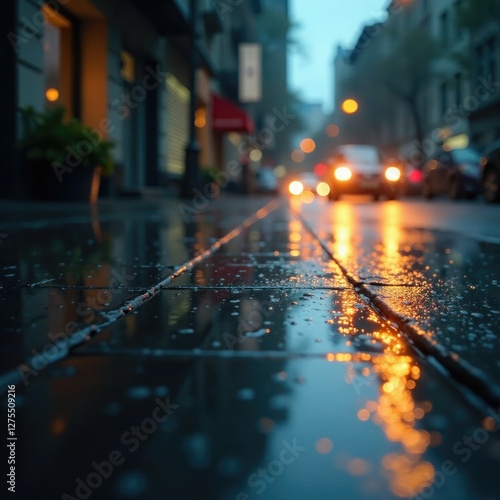 A slow and steady rain creates a soothing sound as it falls onto the wet pavement, pavement, walpapper rain, atmosphere photo