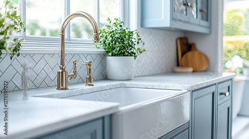 Farmhouse kitchen sink, marble counter, bright window