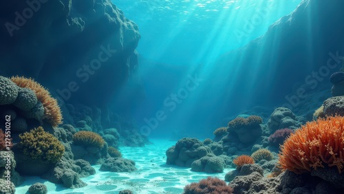Wallpaper Mural Bleached coral reef underwater with sunlight rays illuminating the seabed	 Torontodigital.ca
