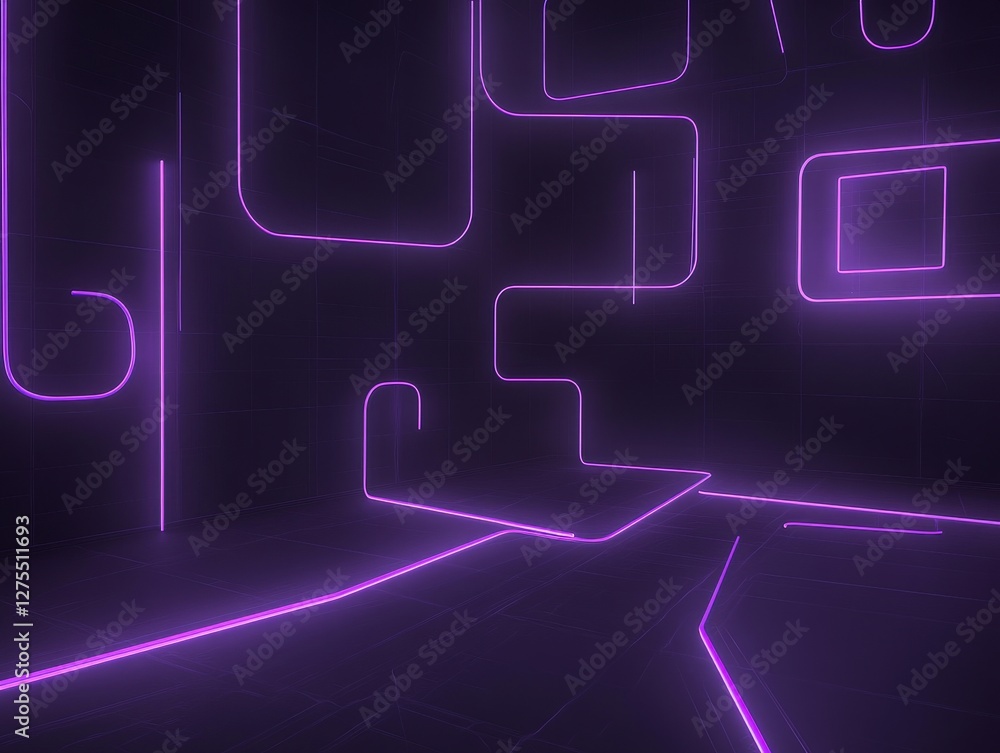 A dark, futuristic space illuminated by glowing purple lines, creating an abstract and modern atmosphere with geometric shapes. A dark, futuristic space illuminated by glowing purple lines, creating an abstract and modern atmosphere with geometric shapes.
