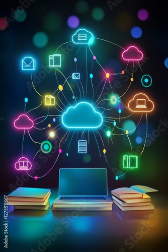 A vibrant digital cloud network connects a laptop and books, symbolizing online learning and data sharing.