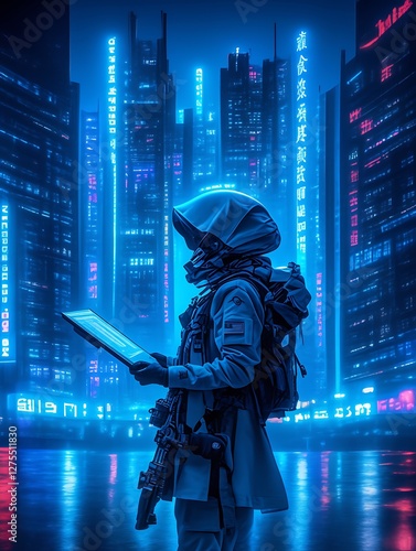 Futuristic astronaut studying tablet in neon city
