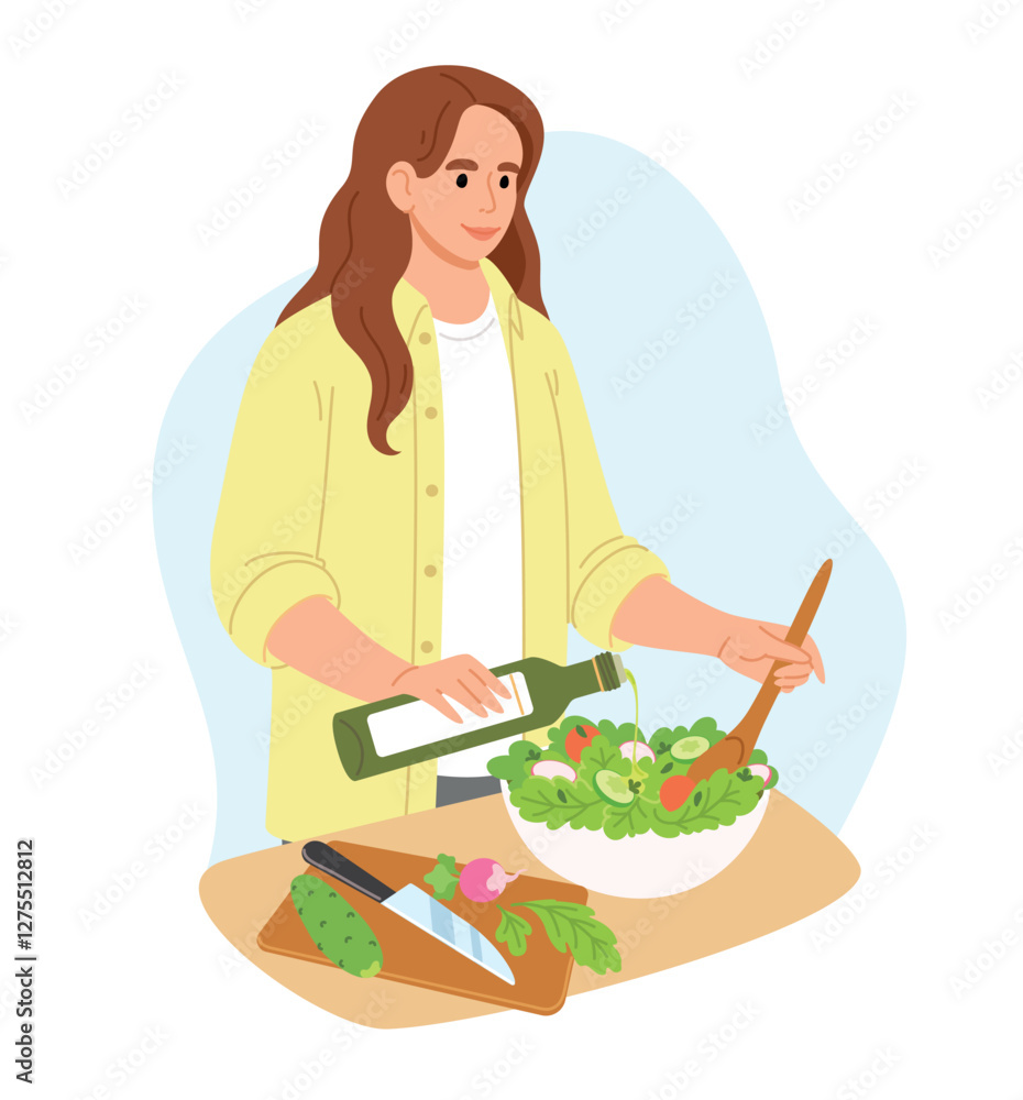 Young woman pouring olive oil into the salad of vegetable. Woman cook healthy dish. Healthy diet and lifestyle concept. Young woman pouring olive oil into the salad of vegetable. Woman cook healthy dish. Healthy diet and lifestyle concept.