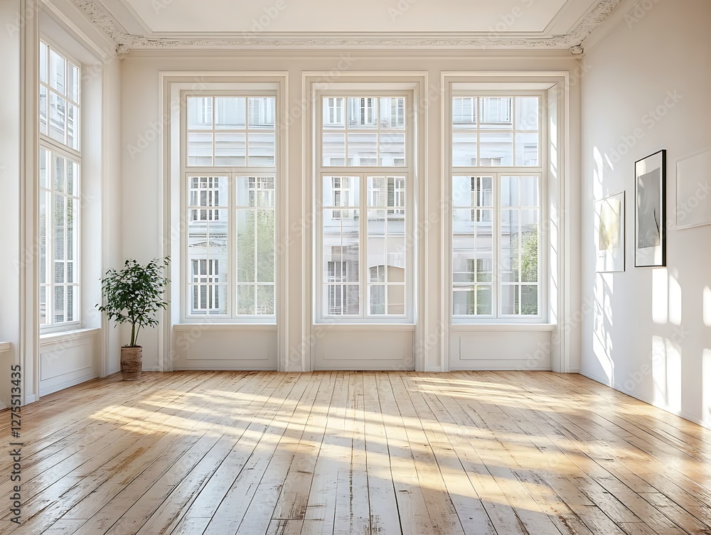 Sunny room, hardwood floor, city view, empty space, home staging Sunny room, hardwood floor, city view, empty space, home staging