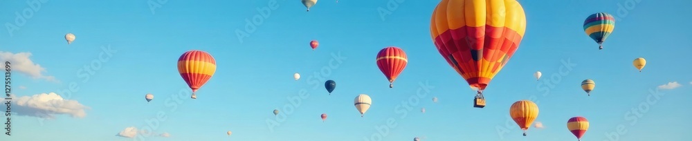 Obraz premium Brightly colored hot air balloons fill the clear blue sky with their shapes, colored, bright, hot air balloons